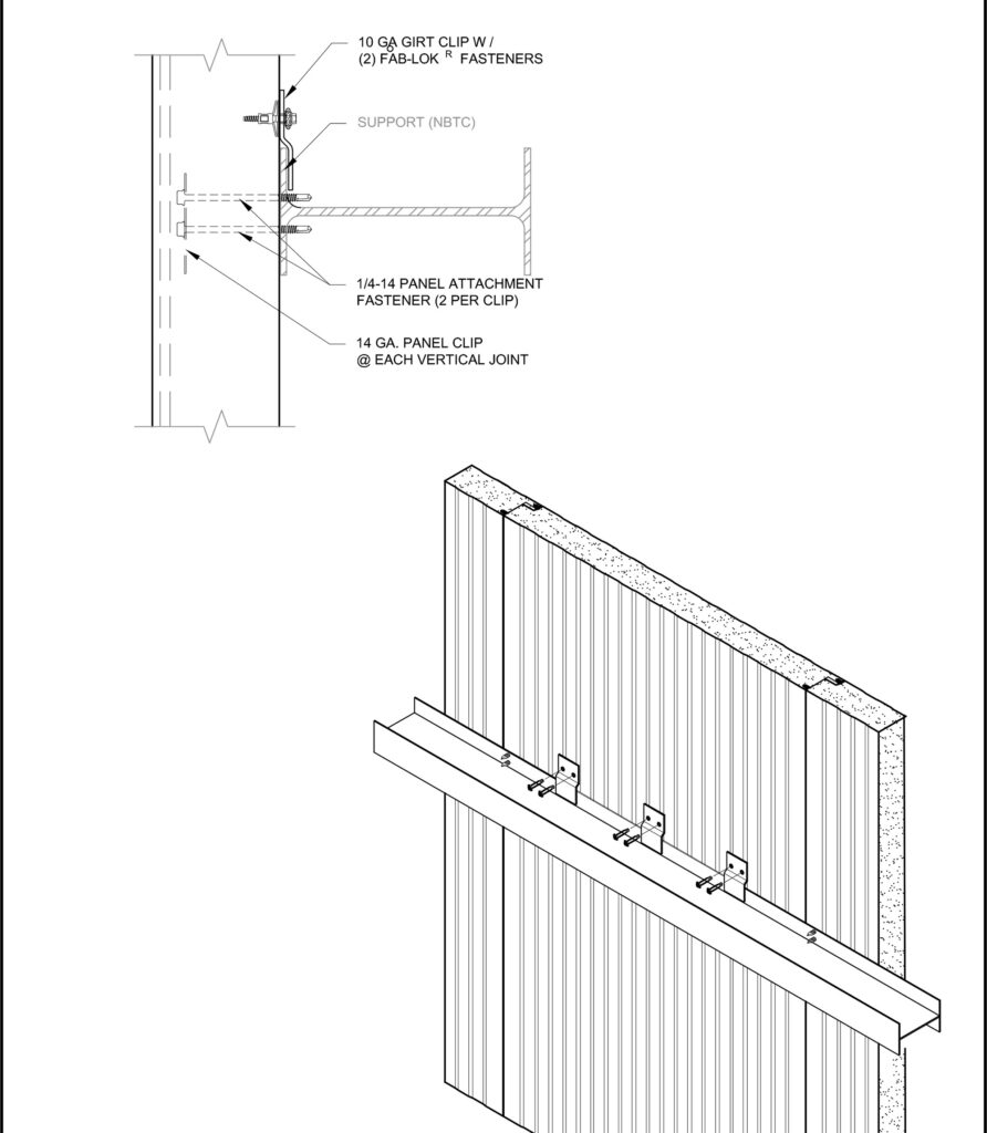 The front-side concealed fastening of an exterior insulated metal panel (IMP) wall, as well as back fastening to allow for higher wind pressure design