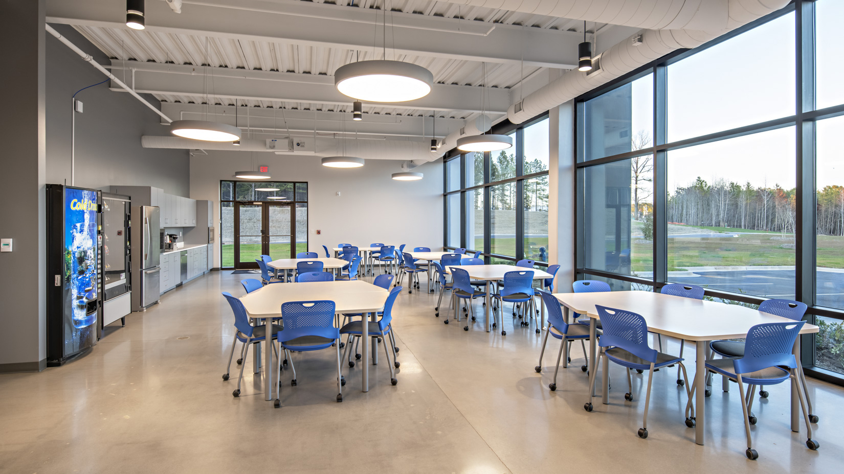 By incorporating resilient design, an employee breakroom can be transformed into a space for corporate events and back again. Pictured here: TrueCore's Laurens, SC manufacturing facility.